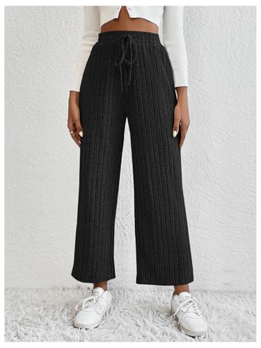 SOLY HUX Women's Drawstring High Waisted Pants Wide Leg Loose Fit Ribbed Knit Lounge Trousers4