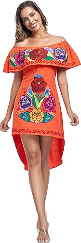 Image of YZXDORWJ Women's Mexican Asymmetrical Dress Embroidered Floral Off-Shoulder Cocktail Latina Fiesta Dress