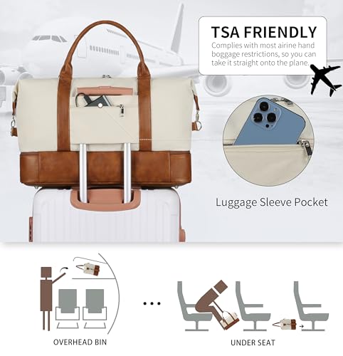 Image of Oeihuivt Weekender Bags for Women - 21 Inch Large Travel Duffel Bag with Shoe Compartment, Heavy-Duty Canvas Leather Carry On Overnight Tote, Brown-Beige-3, 21, Weekend Trip