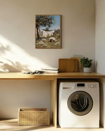 Image of ARPEOTCY Vintage Framed Canvas Wall Art, 12x16inch, Farmhouse Laundry Wall Decor, Country Art Prints Home Decorations, Country Landscape Paintings for Summer Laundry Room Shelf Decor