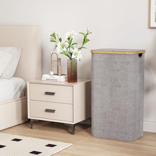 Lifewit 2 Pack 100L Laundry Basket with Lid, Clothes Hampers for Laundry with Bamboo Handles and A Removable Laundry Bag, Large Foldable Laundry Hamper for Bedroom, Bathroom, Dorm, Light Grey - Image 3