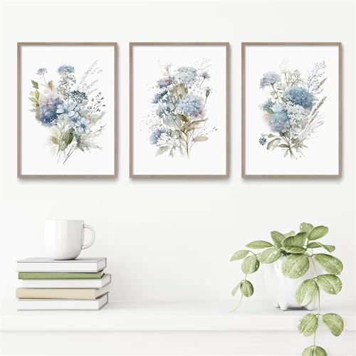 Tableau sur toile de fleurs bleues pour salon et chambre, triptyque mural bohème 50x60 cm