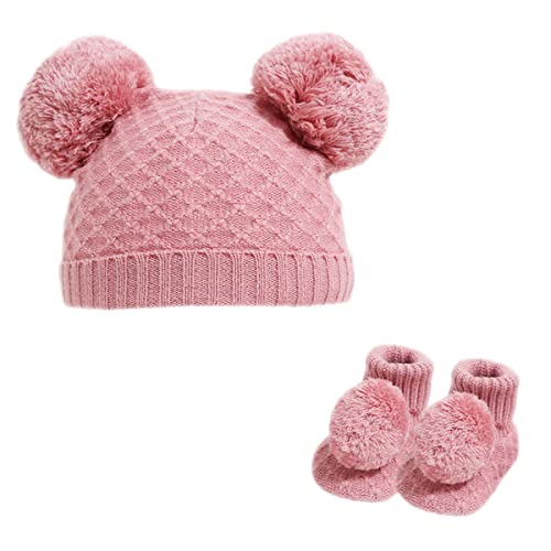 Baby Girls Pom Pom Hat with Pom Pom Booties Set Hat & Booties Winter Warm Ribbed Knitted Bobble Hats Girl Rose Gold Newborn