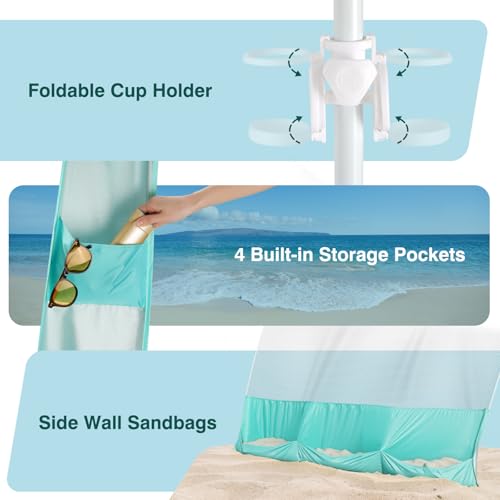 Rhino Valley Beach Cabana, 8*8FT Beach Tent UPF50+ Protection, Easy Setup Beach Canopy Wind Resistant with Cup Holder, Compact Beach Shade Foldable Beach Tent Sun Shelter for Whole Family Friend,Green - Image 7