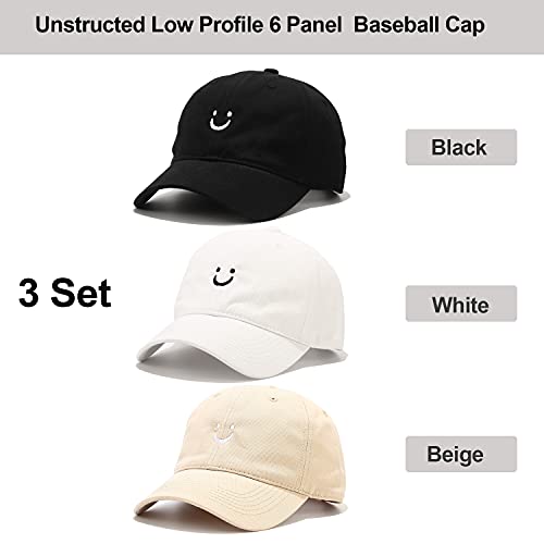 Gorras de béisbol de algodón con cara sonriente pack de 3 ajustables unisex negro blanco beige 3