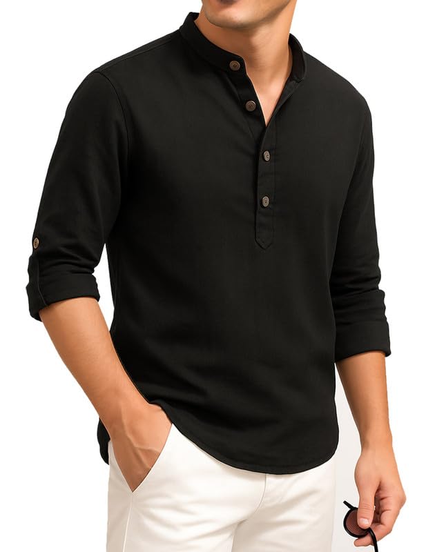 Image of DEELMO Men's Cotton Blend Solid Regular Fit Full Sleeve Short Kurta | Men's Trendy Short Kurta