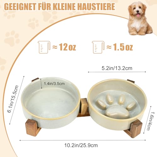 Keramik-Hundenapf-Set mit Standfüßen, Hundenapf Keramik Erhöht mit rutschfest Ständer, Langsamfressnapf Süße Pfoten-Design für Kleine und Mittelgroße Hunde, 2er Set Fressnapf Hund und Wassernapf