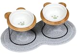 PetStyle えさ皿 2個 ランチョンマット ∞型 セット 猫 犬 食器 皿 餌入れ フードボウル ペット ご飯皿 水飲み 食べやすい 傾斜 餌皿 エサ入れ 滑り止め 陶器 アイアンバンブースタンドシングル (シングル/肉球柄) 小型犬 成猫 (ライトグレー)