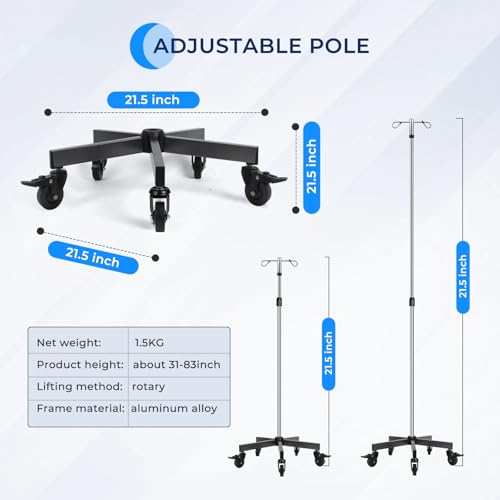 Konmee 2 PCS IV Poles IV Stands Portable Rolling 2 Hook 5 Legs Adjustable Height with Brake Wheels, Stainless Steel