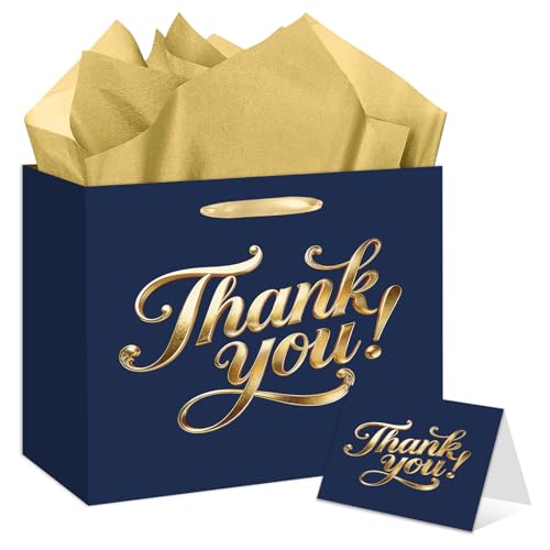 YXYASR Navy Blue and Gold Thank You Gift Bag - Large Gift Wrap Set with Handles - Includes 3 Sheets Gold Tissue Paper and Greeting Card - for Business Weddings and Client Appreciation
