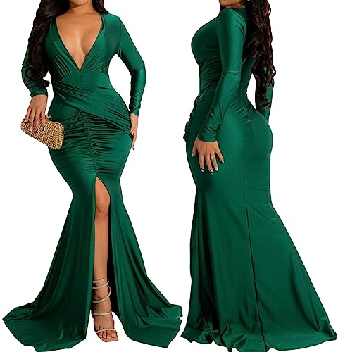 Image of Women's Elegant Formal Mermaid Maxi Dress Off Shoulder Long Sleeve Wedding Split Evening Gown Prom Cocktail Party Dresses