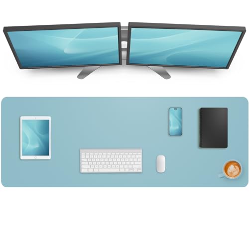 Image of Leather Desk Pad Protector,Mouse Pad,Office Desk Mat, Non-Slip PU Leather Desk Blotter,Large Desk mat,Waterproof Keyboard mat for Office /Home /Decor (Light Blue,55 inch x 17 inch)