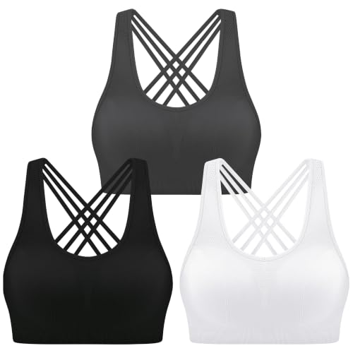 AENLLEY Sports Bras Women 3 Pack Padded Criss Cross Back Gym Yoga Bra Medium Support