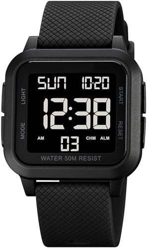 findtime Unisex Digital Watch Men Women Square Face Big Numbers LED Electronic Wrist Watches Waterproof/Alarm/Countdown Timer/Dual Time/Stopwatch/12/24H