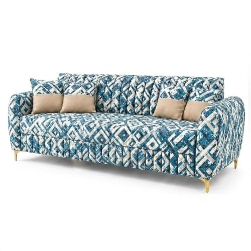 Image of CASASTYLE Signature Velour 3 Seater Sofa Set | Tapestry Fabric | 40D Foam + Zigzag Spring | 3-Yr Warranty (Lagoon Mosaic Blue) | Modern Living Luxury Sofa Set for Home, Office & Hotel Spaces