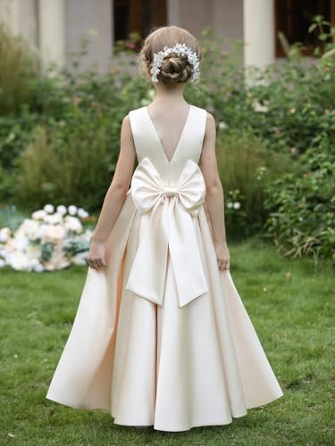 Girl's Glossy Satin Maxi Dress V-Back Formal Wedding Flower Girls Dresses Silky First Communion Gown3