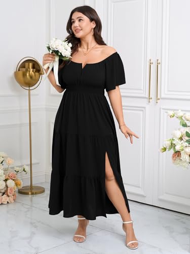 Image of SCOMCHIC Womens Plus Size Maxi Dress Formal Short Sleeve Square Neck Smocked Side Split Flowy A Line Tiered Long Dress