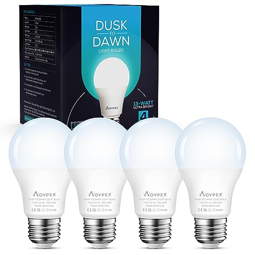 Aovpex Dusk to Dawn Light Bulbs 13W Ultra Bright Equivalent 100W 5000K Daylight White Outdoor Light Bulbs Built-in Photocell Sensor Led Light Bulbs Smart Bulb Automatic On Off 1100LM 4 Pack Aovpex Dusk to Dawn Light Bulbs 13W Ultra Bright Equivalent 100W 5000K Daylight White Outdoor Light Bulbs Built-in Photocell Sensor Led Light Bulbs Smart Bulb Automatic On Off 1100LM 4 Pack