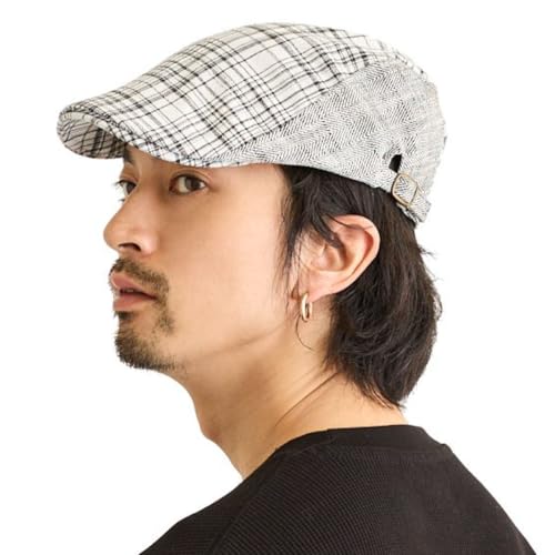 [ハッピーハット] ハンチング 帽子 チェック柄＆ヘリンボーン 綿麻 涼しい 56cm-61cm 大きい メンズ 軽量 ゴルフ 春夏 小顔 hun-700ハンチング帽 レディース サイズ調節 (ブラック系)（Amazon）