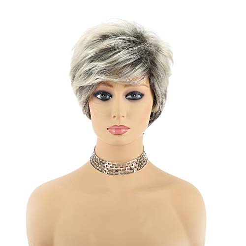 Short Wigs Pixie Cuts for Women Slightly Curly Wavy Hair Wigs Synthetic Full Wigs for Daily Party black Root Mixed blonde color Wig