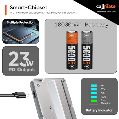 Image of callmate Shotgun 23W PD Fast Charging 10000mAh Power Bank with USB-C PD Output, Lightweight & Portable, Replaceable Cells with 2X 5000mAh for Smartphone (Lithium-Ion, 2X 5000mAh), White