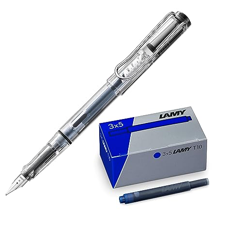 Lamy Set aus 1x safari vista transparenter Füllhalter Feder M und 1x T10 3er Set Tintenpatronen in original Umkarton - Tintenfarbe blau