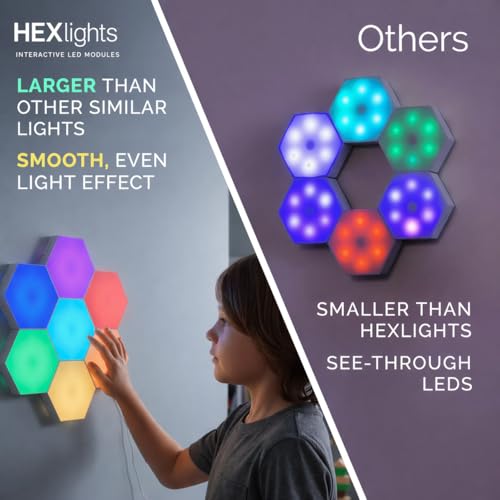 Image of Emberela HEXlights Sensory Lights for Kids - 7pk Touch Hexagon Lights, Remote Controlled - Autism-Friendly Tap Tap Wall LED Panels for Sensory Room - Table Stand Included