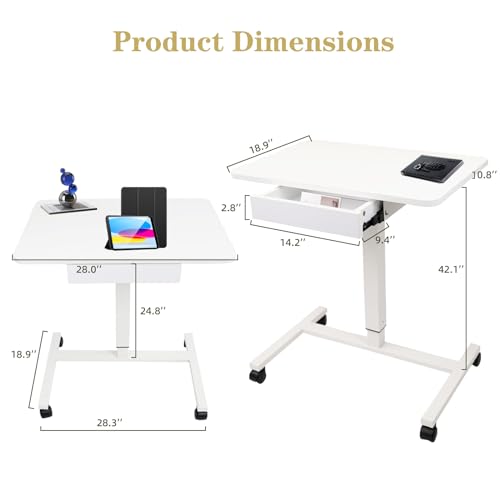 Image of CLATINA Mobile Laptop Standing Desk Adjustable Height, Computer Desk Teacher Podium with Lockable Wheels, Work Table with Drawer, Portable Rolling Side Table Bed Desks for Home Office Classroom, White