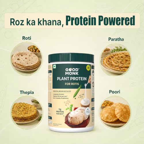 Image of Good Monk Plant Protein for Rotis | Additional 30 gm protein in 6 Rotis | From Pea, Brown Rice & Soy | Clean Protein & Gut Friendly Probiotics | All Essential Amino Acids | Stronger Muscles | Add to Atta - No Taste Change | No Added Sugar /Sweetener | 460 gm