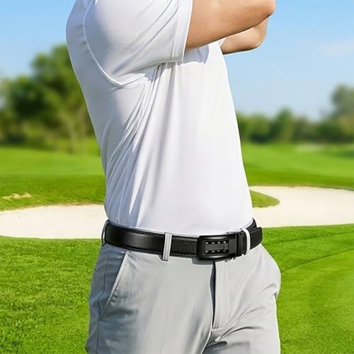 Image of JINIU Men's Ratchet Belt Buckle, Black Genuine Leather Slide Belt for Men Dress Suit, Micro Adjustable Trim to Fit Boxed