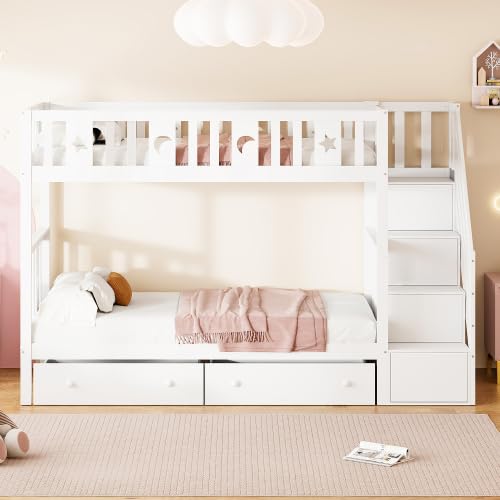 Etagenbett Kinderbett 90x200 cm, Kinderbett Hochbett mit 2 Stauraum Schubladen und Treppe Stauraum, Kinderbetten Funktionsbett Etagenbett Stockbett Kinderhochbett Jugendhochbett fur 2 Kinder, Weiß – Bild 4
