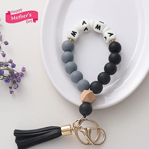 Image of BAOSIWA Silicone Key Ring Bracelet Wristlet Keychain Unique Beaded Bangle Key Chains for Women with Leather Tassel