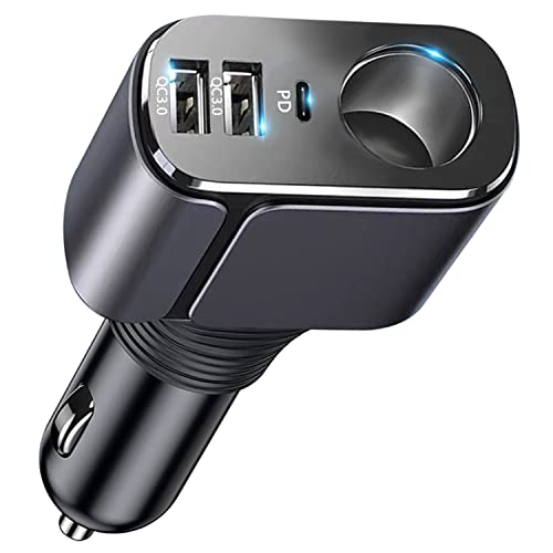4 in 1 USB C Car Charger Adapter, 210W Multi USB Cigarette Lighter Adapter, Socket Splitter with 3 USB Ports, 12V/24V Outlet Dual USB Type C PD Fast Car Charger for iPhone 15/14,iPad,Samsung,GPS