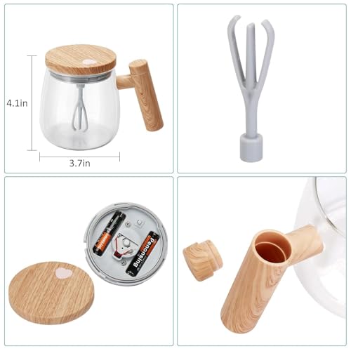 Image of Self Stirring Mug with Lid | Electric Coffee Frother Mug | Automatic Milk & Coffee Mixer with Glass Jar & Wooden Handle | USB Rechargeable | Cappuccino, Latte, Protein Shake & Hot Chocolate Maker