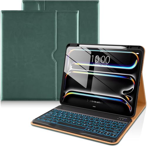 Image of DTTO for iPad Pro 13 Inch Case with Keyboard M5 /M4 2025 /2024, 7 Colors Backlit Wireless Detachable Keyboard Premium Leather Folio Cover with Pencil Holder & Pocket, Midnight Green
