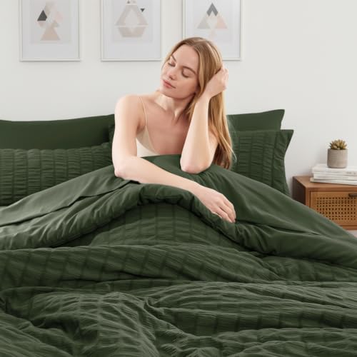 Image of HIMEET Full Size Comforter Sets - 7 Pieces Seersucker Bed in a Bag, Boho Bedding Sets for Bedroom Decor, All Season Home Essential Bed Set with Comforter, Sheets, Pillowcases & Shams, Olive Green
