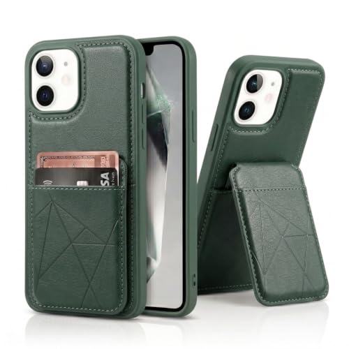 Image of amazon basics Premium Vegan Leather Back Cover with Card Holder and Integrated Mobile Stand for iPhone 11 - Slim Shockproof Wallet Case with Geometric Stitching [Green]