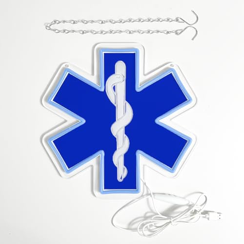 Image of Star of Life LED Neon Sign, 12 x 12 Inches, Pink, USB Powered Wall Decor for EMT Paramedic, Garage, Game Room, Bedroom, Man Cave