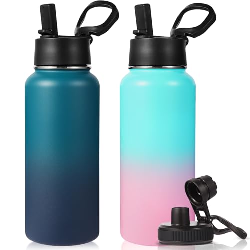 Neihepal 32 oz Insulated Water Bottles with 2 Lids (Straw & Spout Lid), 18/8 Stainless Steel Double Wall Water Bottle for Gym, Travel, Camping, Sports (Assorted,2 Pack)