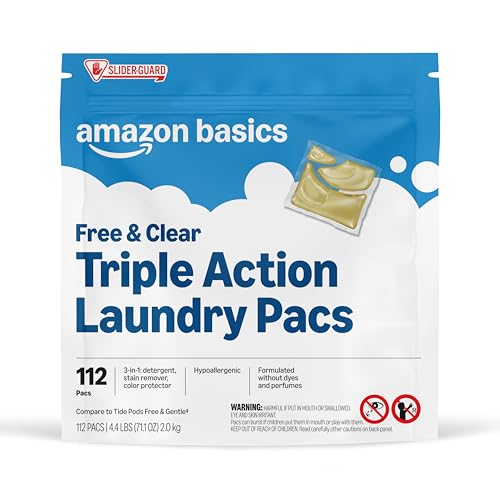 Amazon Basics Laundry Detergent Pacs Free & Clear Powerful Triple Action Hypoallergenic Unscented 112 Count