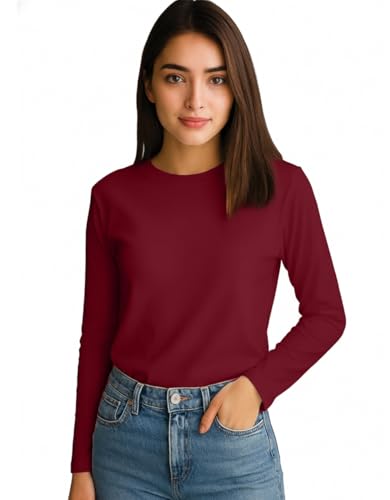 Image of JUNEBERRY Pure Cotton Round Neck Regular Fit Core Fashion Solid Full Sleeve T-Shirt for Women & Girls (Colors: Black, Cork, Green, Navy, Swanwhite & White)