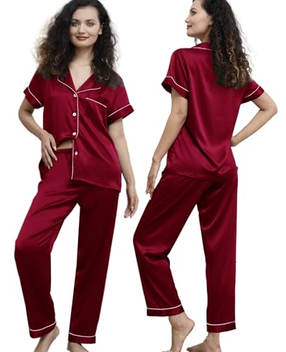 Image of WJing Yi Jia Womens Pajamas Set XS-4XL Floral Silk Satin Pajama Sets Silky Pj Sets 2Pcs Loungewear Sleepwear Button Down Pjs