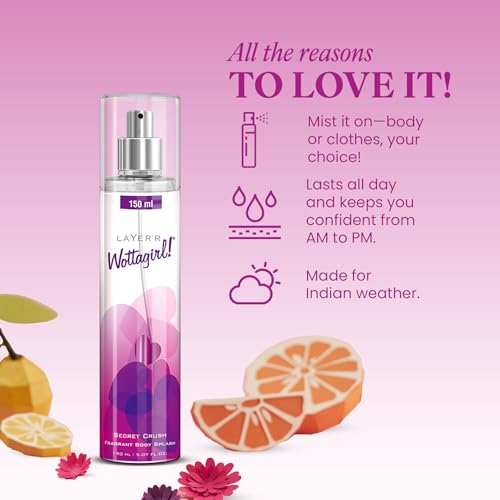 Image of Layer'r Wottagirl Secret Crush Body Splash for Women 150ml | Long-lasting body splash with mandarin, pineapple & vanilla notes. Fresh fruity fragrance for everyday wear.