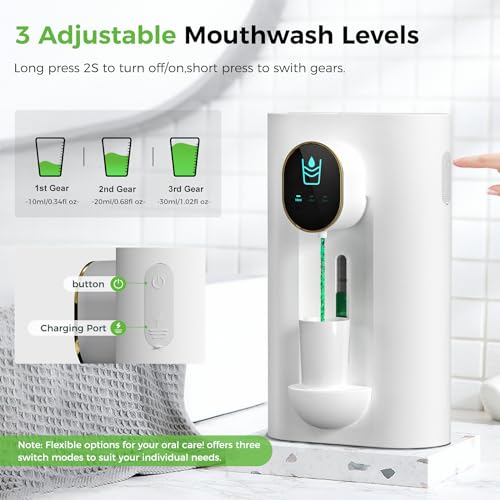 Image of Oylik Automatic Mouthwash Dispenser 18.26 oz Touchless Mouthwash Dispenser for Bathroom 2 Magnetic Cup USB Rechargeable and 3 Dispensing Levels with Led Screen Wall-Mounted or Countertop Use-White