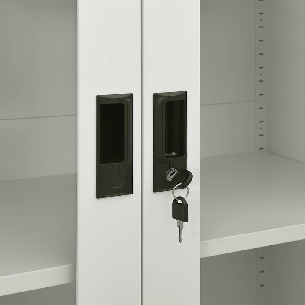 Armario de oficina gris claro de acero 90 x 40 x 180 cm con 3 estantes, 2 cerraduras, 4 puertas y tiradores para oficina, espacio de almacenamiento y almacenamiento de archivos con cristal