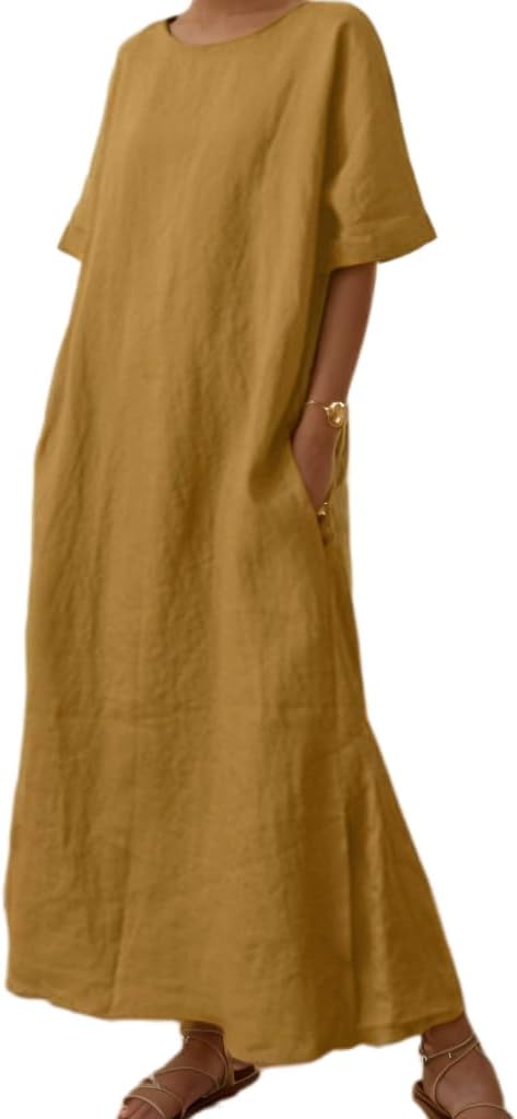Akivide Women's Cotton Linen Dresses Flowy Short Sleeve Crew Neck Plus Size Vacation Casual Maxi Dress with Pockets