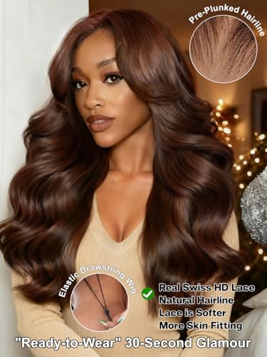 Image of Sunber Loose Body Wave Human Hair Glueless Auburn Brown Wig 18Inch | Wig with Drawstring Pre Everthing Pre Cut 13x4 HD Lace Frontal Wigs Pre Plucked Bleached Invisible Knots Put on Go Brown Wig