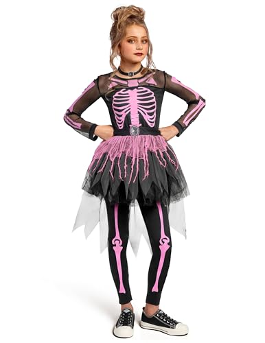 Spooktacular Creations pink skeleton tutu dress for girls Large 10 to 12 with belt leggings and choker