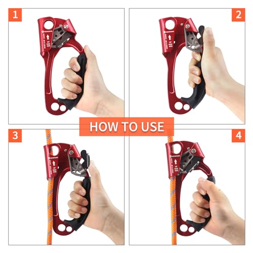 Image of NewDoar UIAA & CE Certified Hand Ascender Rock Climbing Tree Arborist Rappelling Gear Equipment Rope Clamp for 8~12MM Rope(Red)