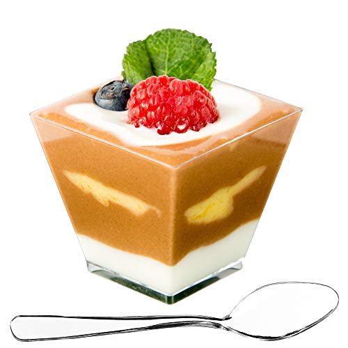 DLux 100 x 2 oz Mini Dessert Cups with Spoons, Square Short - Clear Plastic Parfait Appetizer Cup - Small Reusable Serving Bowl for Tasting Party Desserts Appetizers - With Recipe Ebook